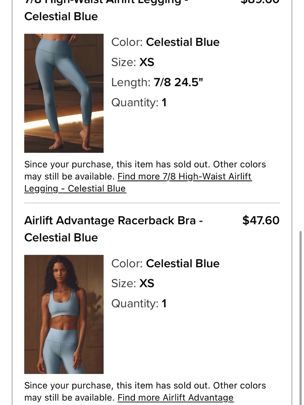 ALO Yoga Celestial Blue Airlift 7/8 High-Waist Legging & Racerback Bra Set